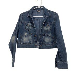 Xhilaration Womens Cropped Denim Jacket SZ XL Blue Button Front Distressed Style